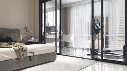 Gray bed on rug with partition to working desk, air walker in sunlight from window arch with sheer curtain on beige wall luxury, modern bedroom for interior design decoration, product background 3D