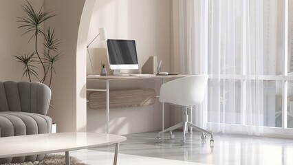 Modern wooden working desk with computer, lamp with chair against mirror wall in sunlight from window with sheer curtain on beige wall living room for interior design decoration, product background 3D