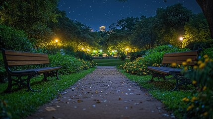 Obraz premium Tranquil nighttime urban park scene featuring lush greenery and soft lighting under a starry sky