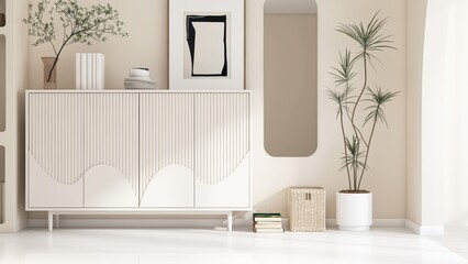 Modern, luxury beige living room wall with white cabinet, mirror, tree on tile floor in sunlight...