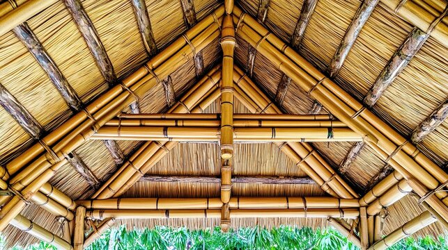 Traditional Bohio Structure Made from Palm Leaves in a Lush Tropical Setting Under Clear Blue Sky