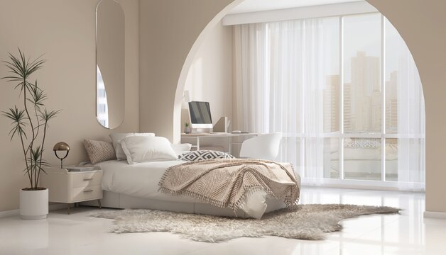 White single bed on shag rug, working desk, chair in sunlight from window arch with sheer curtain on beige wall luxury, modern bedroom for interior design decoration, product background 3D