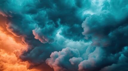 Naklejka premium Dramatic Teal and Orange Storm Cloudscape Sunset Sky Background