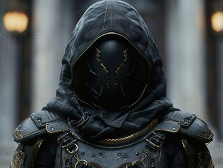 Mysterious Hooded Figure in Dark Armor