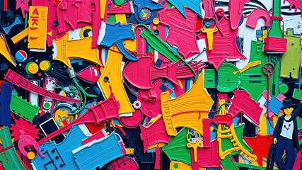 Vibrant colors and geometric shapes come together in a stylized composition, blending retro and modern elements to evoke the dynamic energy of music culture.