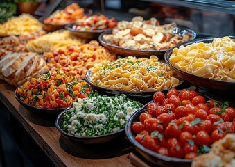 Obraz premium Vibrant Italian Food Buffet with Colorful Dishes, Fresh Ingredients, and Traditional Delicacies Displayed