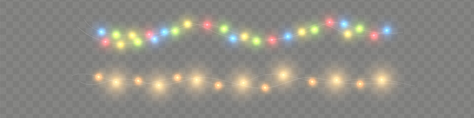 Christmas lights. Bright Xmas garland. Vector glow light bulbs on wire strings. © luda