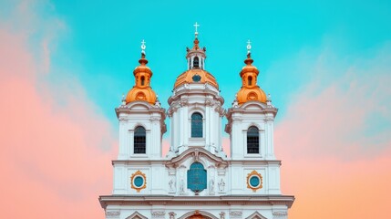 Obraz premium Czech Church Architecture with Golden Domes and Blue Sky