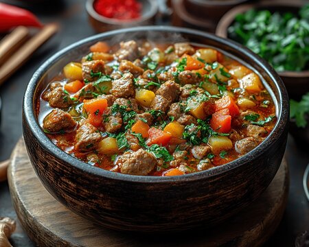 Vibrant Steaming Bowl of Mofeta Fea with Bright Colors and Fresh Ingredients on a Rustic Table