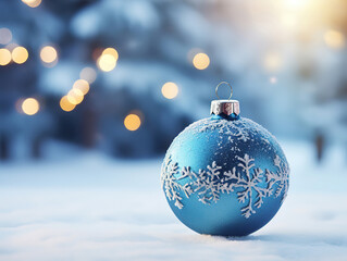 Empty christmas bauble over the winter, snowy background with copy space