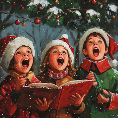 Christmas Carolers: Children singing carols under snowy tree 