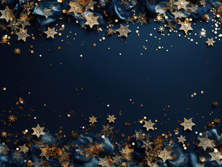 Navy christmas background with snowflakes and gold sequins