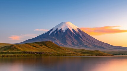 Majestic Snow capped Mountain Peak at Sunset with Lake and Meadow Landscape