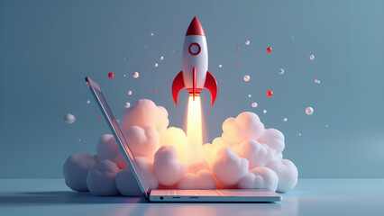 Business startup concept with rocket launch on laptop 3D render illustration with flying rocket icon