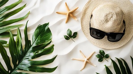 Top view of a summer beach scene with a straw hat, sunglasses, starfish, and blue flip-flops arranged on golden sand. The setup evokes a relaxed, tropical vacation vibe.