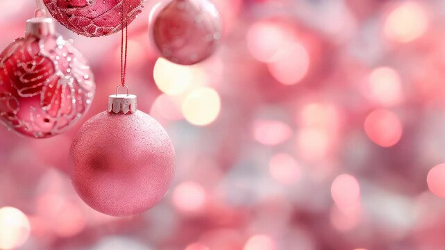 Soft pink Christmas decorations dangle with a backdrop of shimmering bokeh, creating a gentle holiday ambiance.