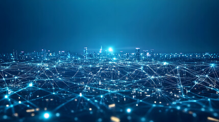 A futuristic cityscape illuminated by digital energy, with a network of interconnected data points stretching across the horizon