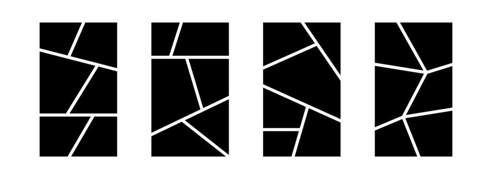 Image collage layout template set. Black mosaic mood board grid collection. 6 picture composition arrangement. Photo album or memory wall idea for banner, poster, mockup, flyer, brochure. Vector