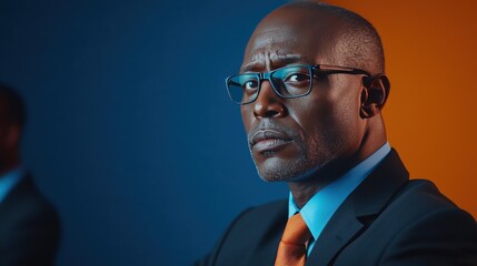 Fototapeta premium Confident Businessman Portrait Black Man in Suit Glasses Serious Expression Blue and