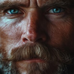 Obraz premium Close-up portrait of a rugged man with bright blue eyes and a thick mustache, showcasing the texture of his weathered skin and the intensity of his expression