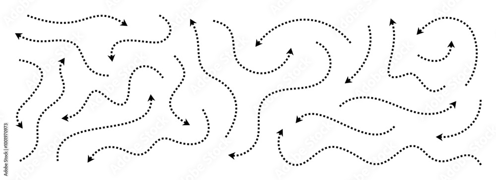 Poster Black dotted thin arrows set. Wavy and curved dashed pointers collection. Wiggly sketchy direction lines. Dots squiggle stripe design elements bundle for flyer, poster, brochure. Vector