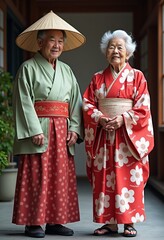 Naklejka premium Honoring Age in Japan: Vector Graphics of Grandparents in Kimono for Respect for the Aged Day - Perfect for Cultural Awareness Campaigns
