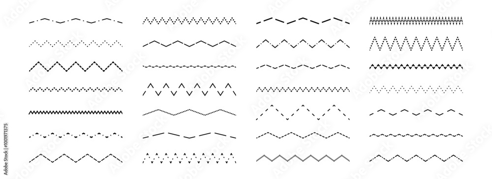 Poster Dashed wavy and zig zag line set. Dotted dividers or separators design element collection. Broken stroke pack for underline, emphasis, highlight. Repeated dash zigzag lines bundle. Vector
