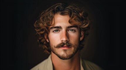Obraz premium Close-up portrait of a young man with voluminous curly brown hair and a distinct mustache, posing confidently against a dark backdrop, illuminated by soft natural lighting