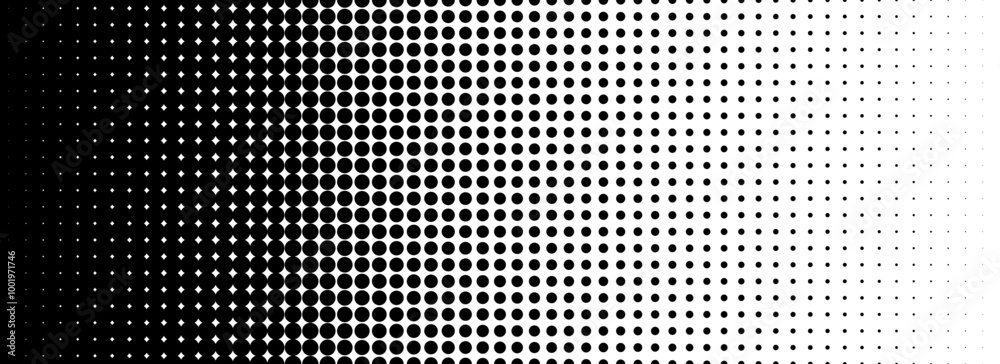 Poster Dotted halftone gradient texture. Fading polka dot background. Repeated dots gradation pattern. Black vanishing comic pop art overlay backdrop. Halftone raster effect wallpaper. Vector