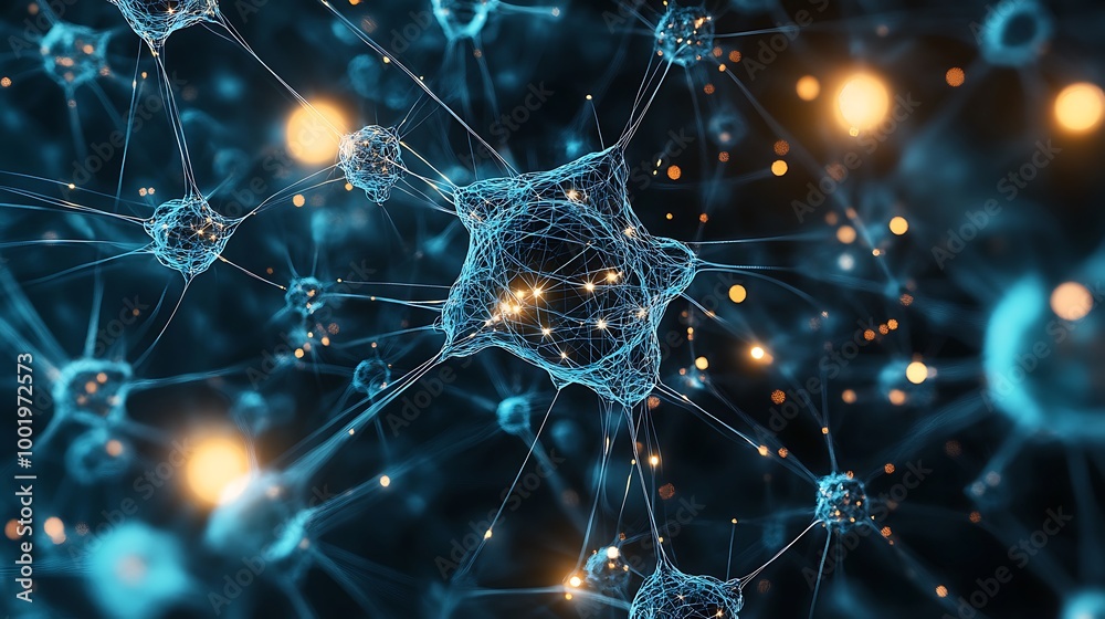 Aufkleber Abstract illustration of a neural network with glowing nodes and connections.