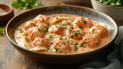 A dish of lobster ravioli in a creamy pink sauce with a garnish of fresh parsley.