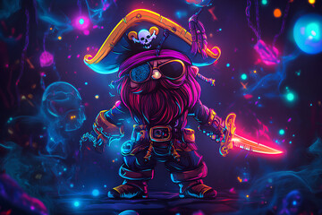 pirate character cartoon. neon dark background