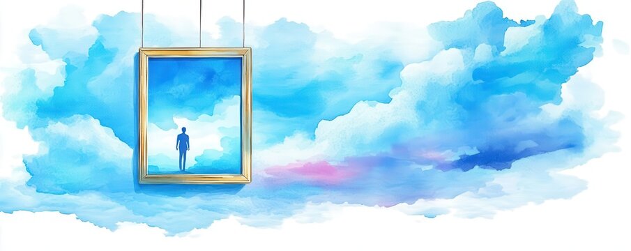 Picture frame hanging in the sky, reflecting a different reality, watercolor style