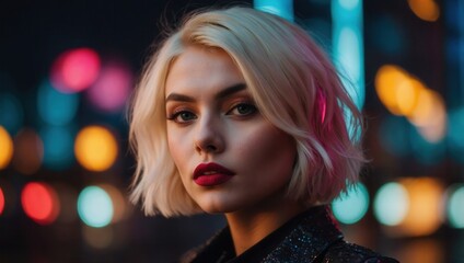 Fototapeta premium Neutral Expression with Short Hair in Urban Night Scene