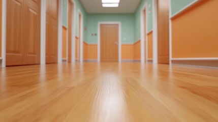 Obraz premium Wooden Floor Corridor with Doors and Orange Walls Interior Design Stock Photo
