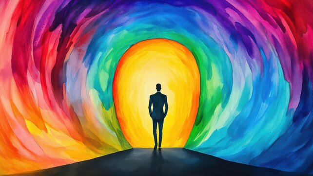 Man stepping out of a painting, framed by swirling colors, watercolor style