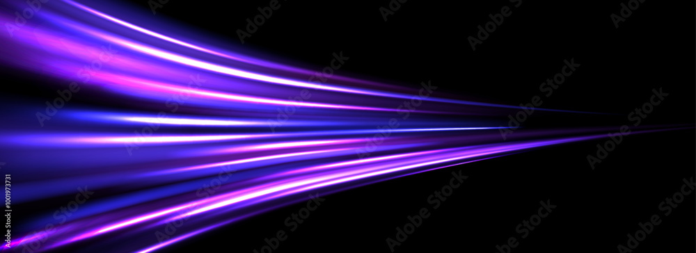 Aufkleber neon glowing streak background. iridescent purple speed light effect. magic trail flare lines textur