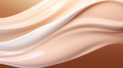 Fototapeta premium A close-up of cream flowing, creating an abstract shape on the right side, against a soft brown background. The texture is smooth and glossy with a visible sheen, emphasizing its creamy nature. 