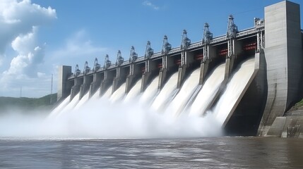 Mighty Dam's Power: A majestic dam generates hydroelectric power, showcasing the force of nature harnessed for human use. Water cascades powerfully over the spillways.