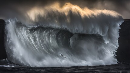 Giant Wave Surfer: A lone surfer confronts a colossal wave, a breathtaking display of nature's power and human courage. Dramatic lighting and composition create a powerful image.