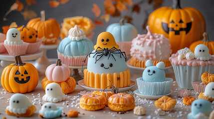 Spooky sweets paradise with chocolate spiders, ghost marshmallows, and pumpkin-shaped cookies, colorful and inviting