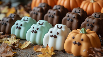 Halloween，Spooky sweets paradise with chocolate spiders, ghost marshmallows, and pumpkin-shaped cookies, colorful and inviting