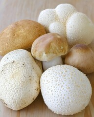 Close-Up of Fresh Mushrooms on Rustic Kitchen Table - Textures and Colors Highlighting Gourmet Mushrooms