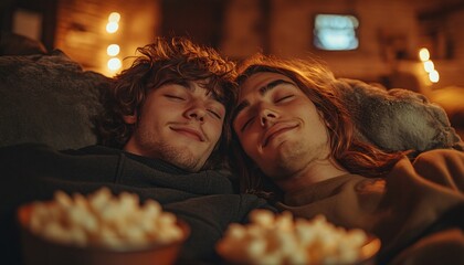 Fototapeta premium Affectionate Gay Couple Relaxing on Couch Watching Movie with Popcorn Bowls, Medium Shot