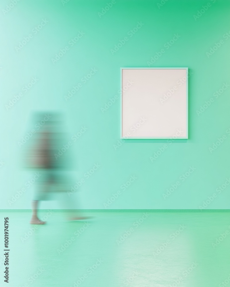Poster minimalist mockup with motion blur empty frame on light green wall in retail setting