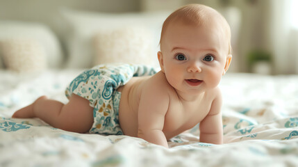 Adorable baby crawling on a soft bed, showcasing innocence and curiosity in a bright and cozy atmosphere.