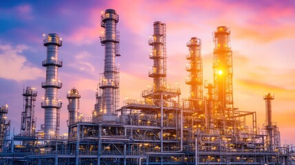 Industrial facility with towering structures and pipes against a colorful sunset sky.