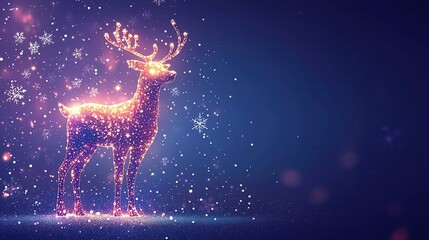 whimsical xmas background bokeh light with copy space Glowing reindeer with snowflakes in background