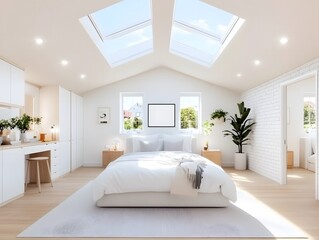 A modern, airy bedroom featuring a large bed, skylights, wooden floors, and decorative plants, creating a serene and inviting atmosphere.