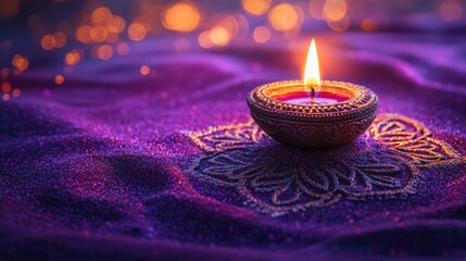 A single candle glows on a purple cloth